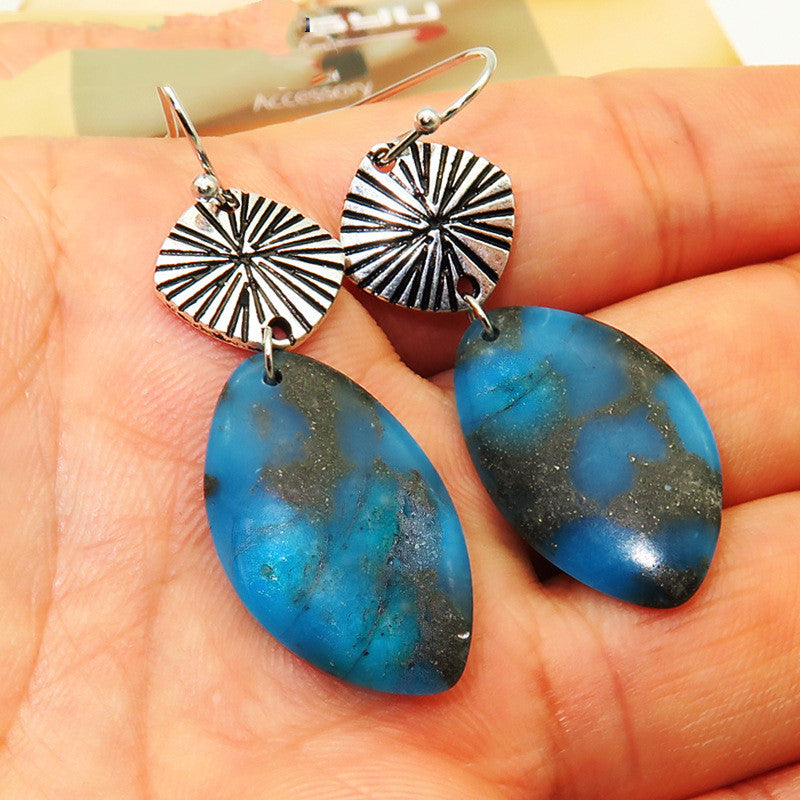 Fashion Lapis Lazuli Glitter Stone Leaf Earrings