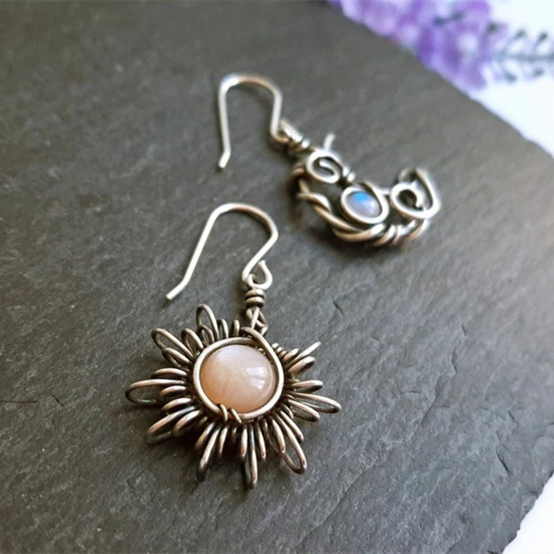 Retro Sun Moon Earrings Moonstone Asymmetric Sun Moon Earrings