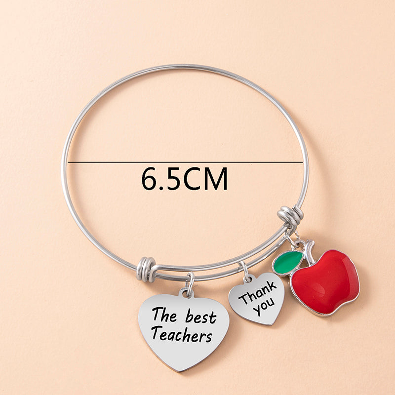 Thank You The Best Teacher Heart Bracelet Enamel Apple Charms Stainless Steel Bangle