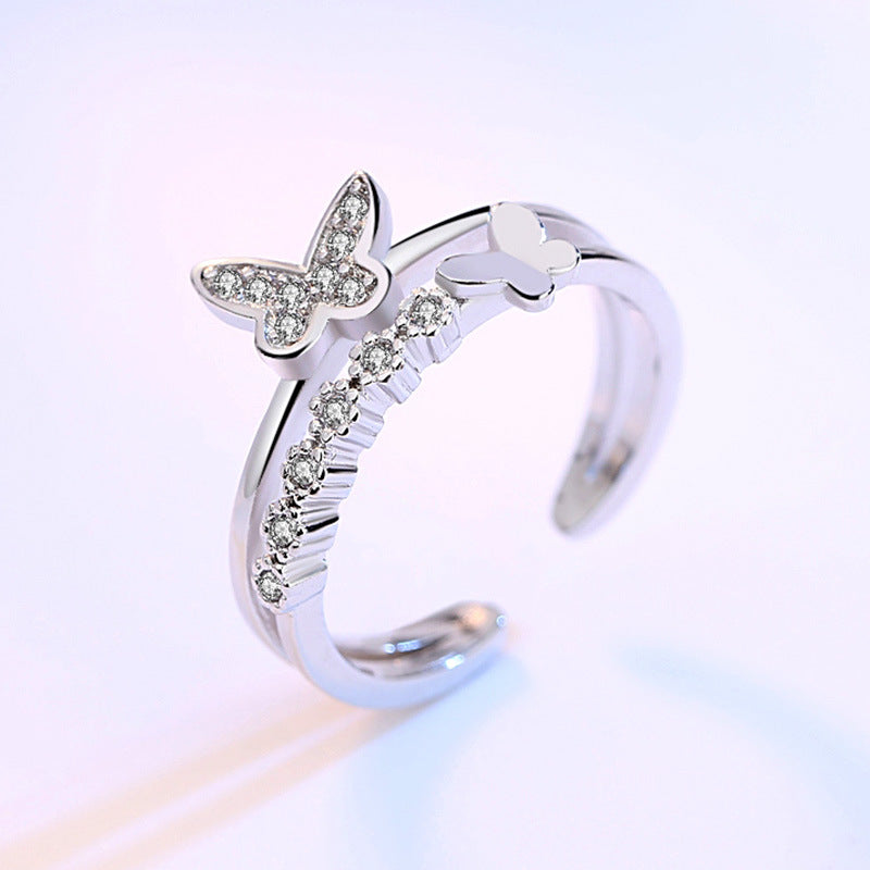 Butterfly Love Silver Ring Micro-inlaid Butterfly Zircon Ring   Bracelet Tail Ring