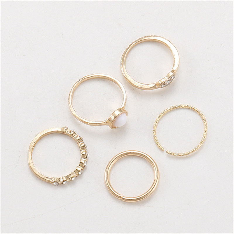 Pearl Heart Combination Knuckle Ring Set Of Five Boho