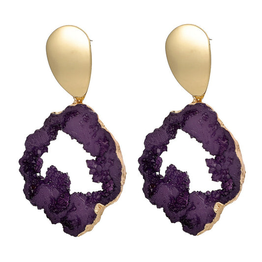 Fashionable Resin Irregular Shaped Amethyst Rough Stone Earrings