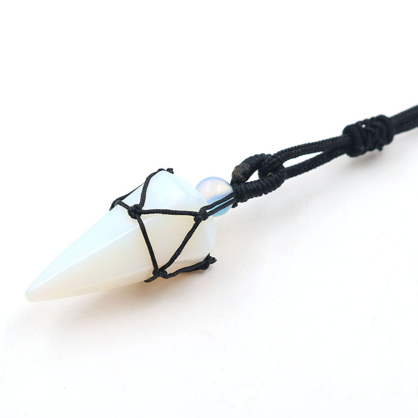 Natural Crystal Hexagonal Cone Braided Pendant Necklace