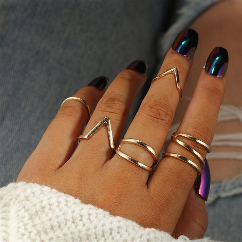 Punk Gold Geometric Alloy Ring Set