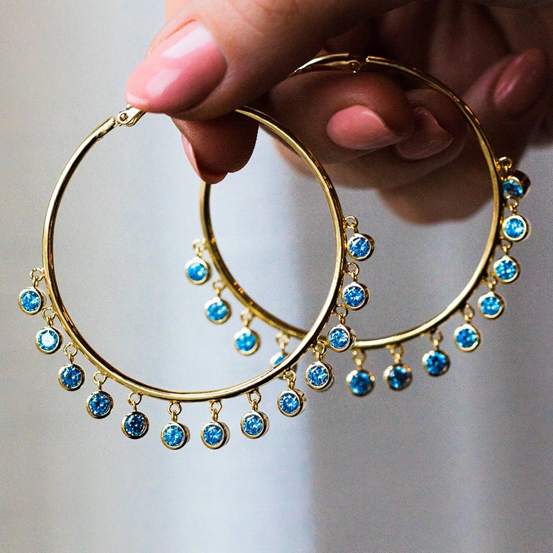 Boho Big Hoop Earrings Sea Blue Zircon Jewelry