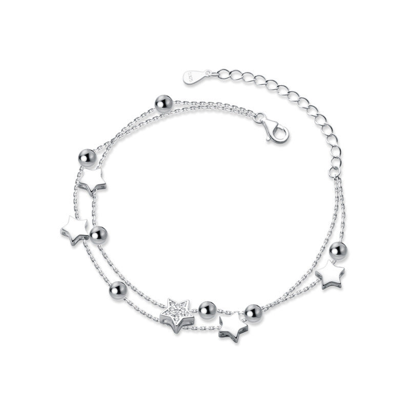 Silver-Plated Pentagram And Diamond Double Bracelet