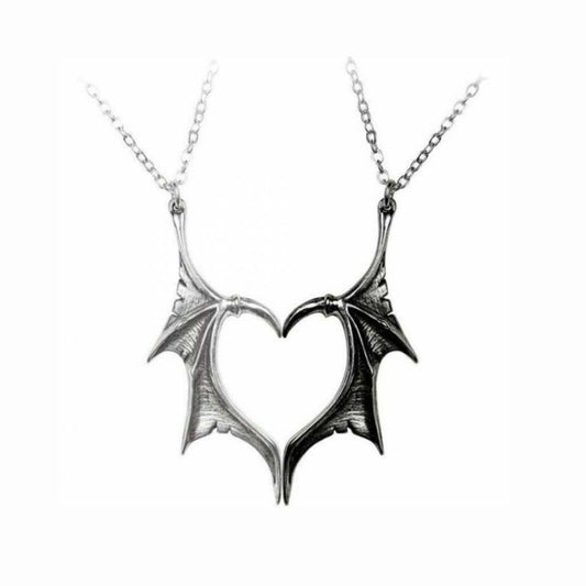 Gothic Devil Wings Couple Necklace Punk Silver Black Color Heart Bat Wing Necklaces For Lovers