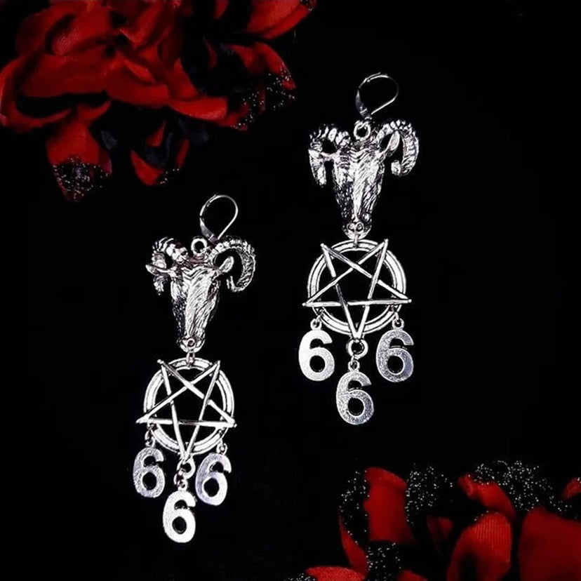 European And American Fashion Cool Gothic Goat Pentagram 666 Simple All-match Pendant Earrings