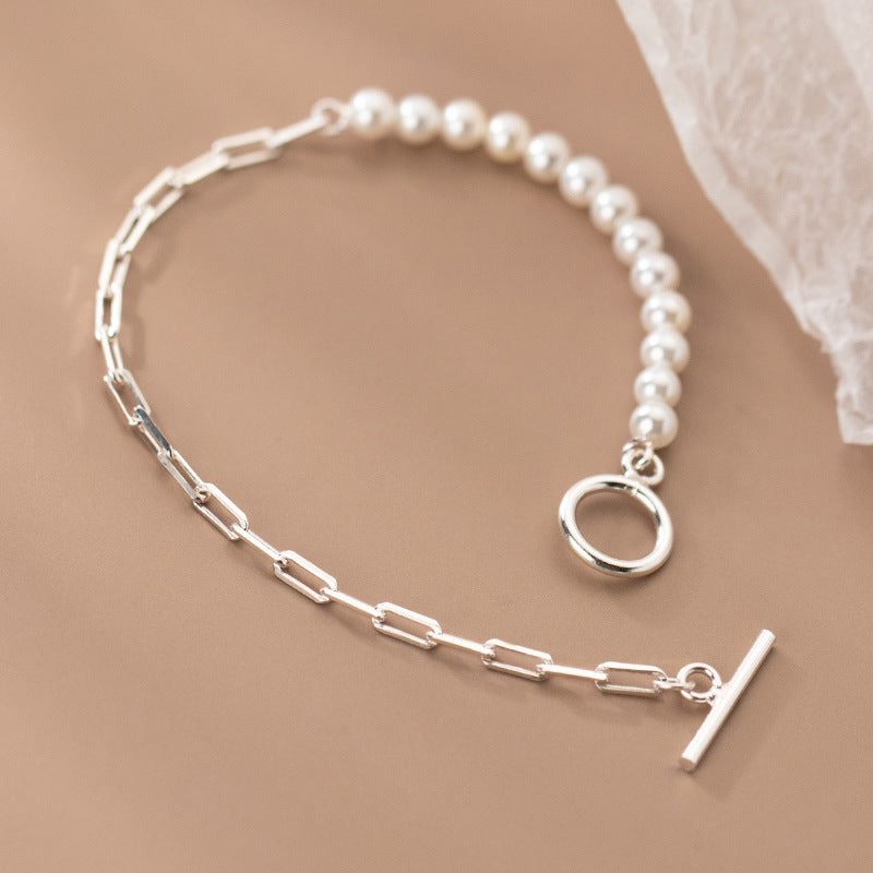 Silver Beads Synthetic Pearl Oval Cutout Bracelet