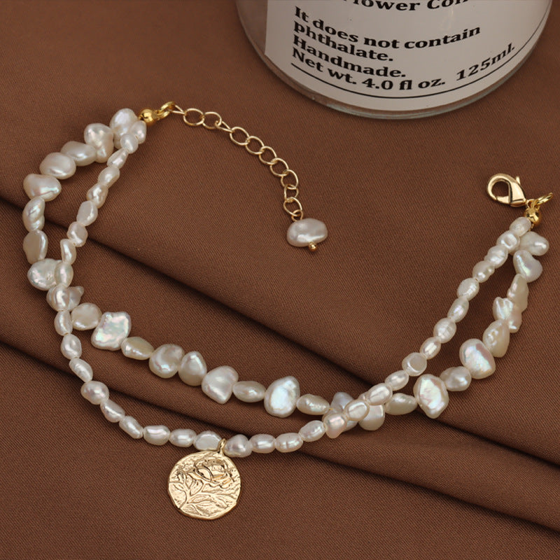 Embossed Coin Natural Freshwater Pearl Bracelet