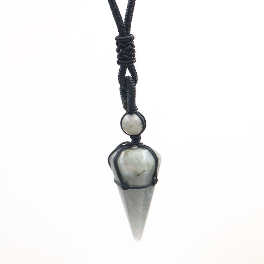 Natural Crystal Hexagonal Cone Braided Pendant Necklace