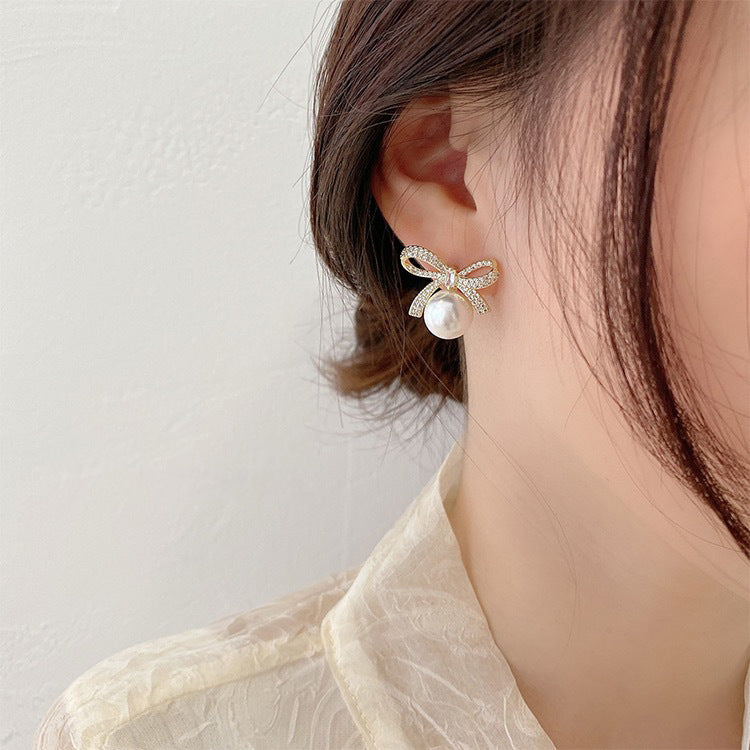 Bowknot Pearl Earrings Temperament High-end Earrings