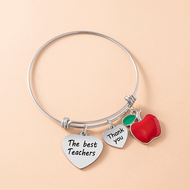 Thank You The Best Teacher Heart Bracelet Enamel Apple Charms Stainless Steel Bangle