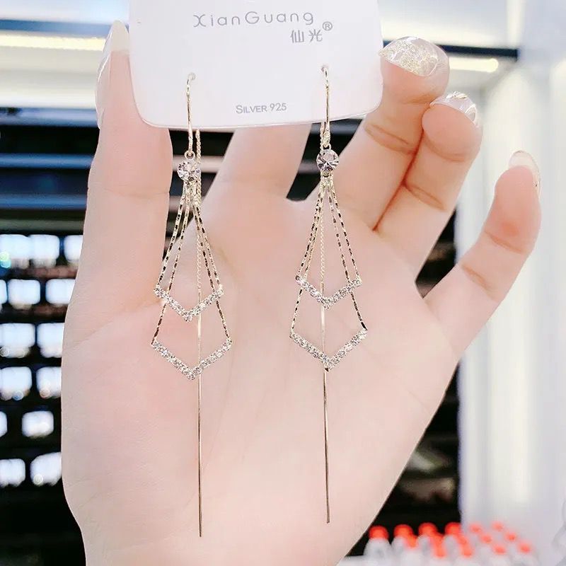 Long Diamond Tassel Silver Needle Earrings